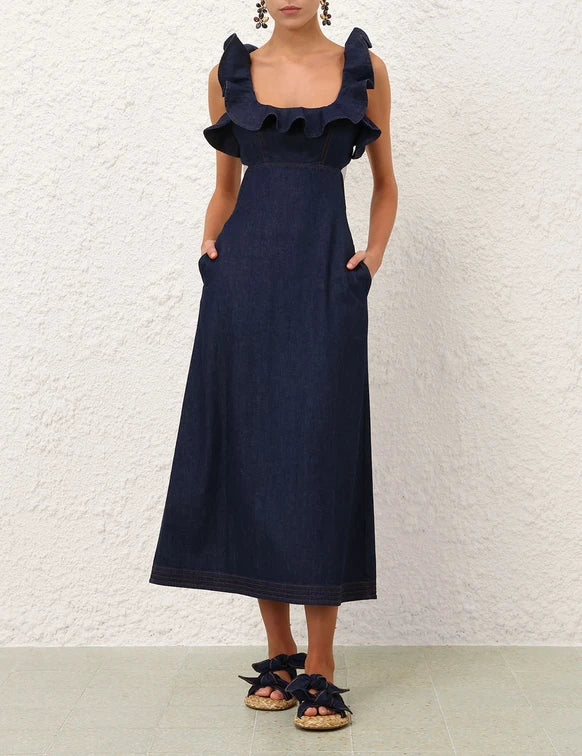 Zimmermann Aster Denim Frill Midi Dress Ink – ShopSixtyFive