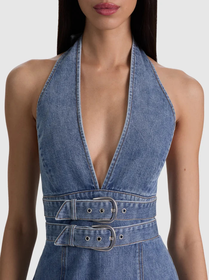 Alice and Olivia Solana Buckle Denim Halter Mini Dress Brooklyn Blue – ShopSixtyFive