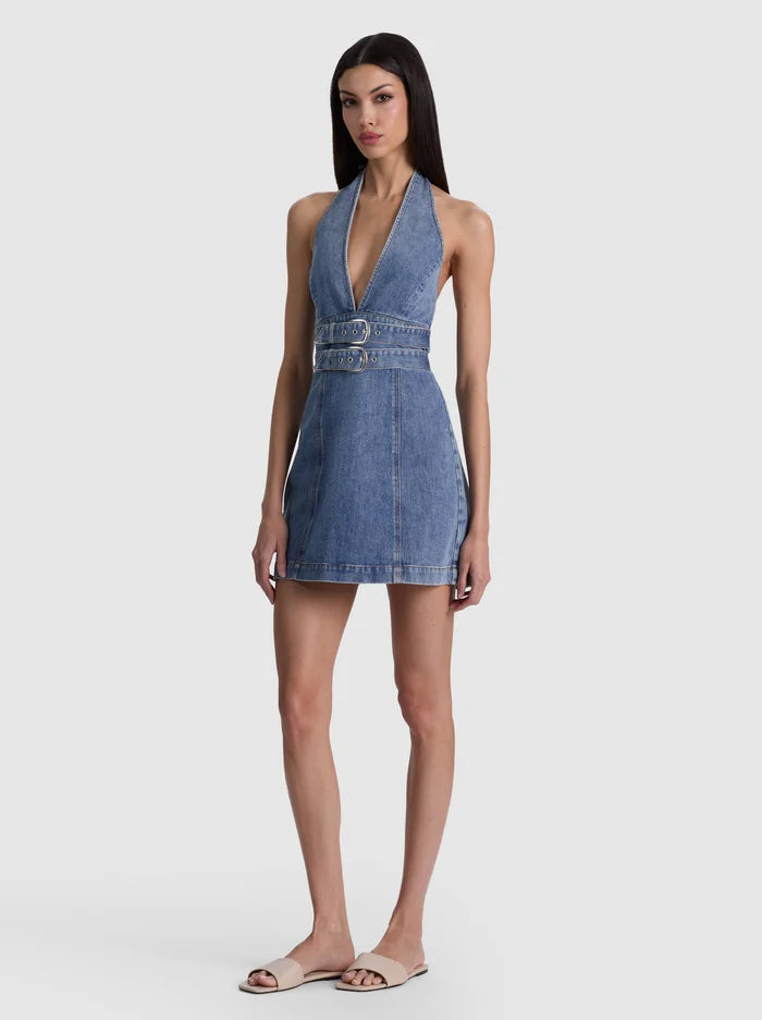 Alice and Olivia Solana Buckle Denim Halter Mini Dress Brooklyn Blue – ShopSixtyFive