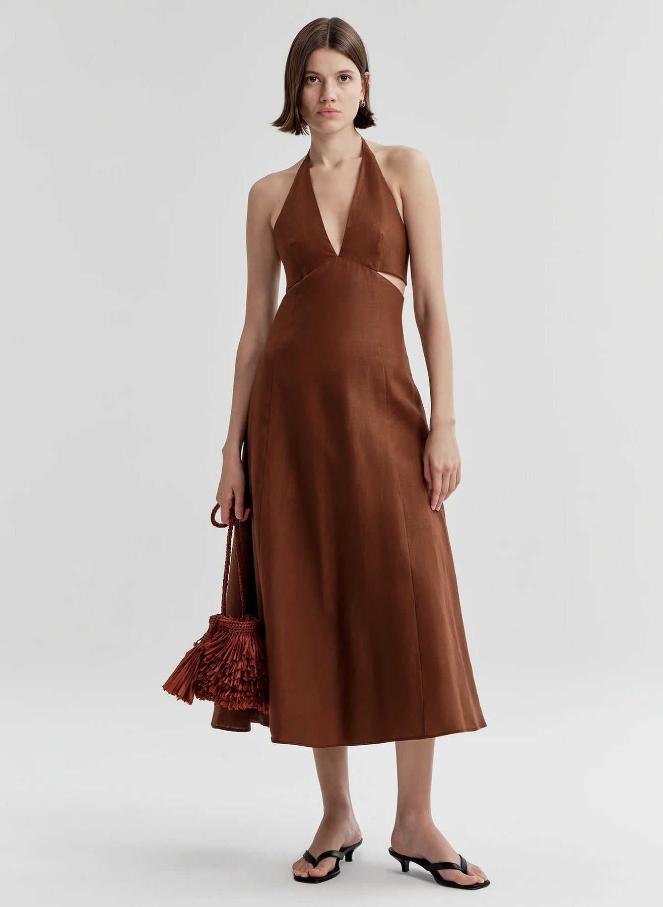 tie back linen dress Linen-Blend Tie-Back Corset Midi Dress