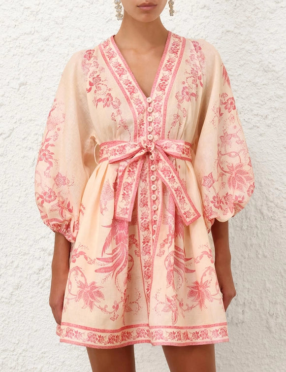 Zimmermann Lucky Plunge Mini Dress Cream Pink Floral
